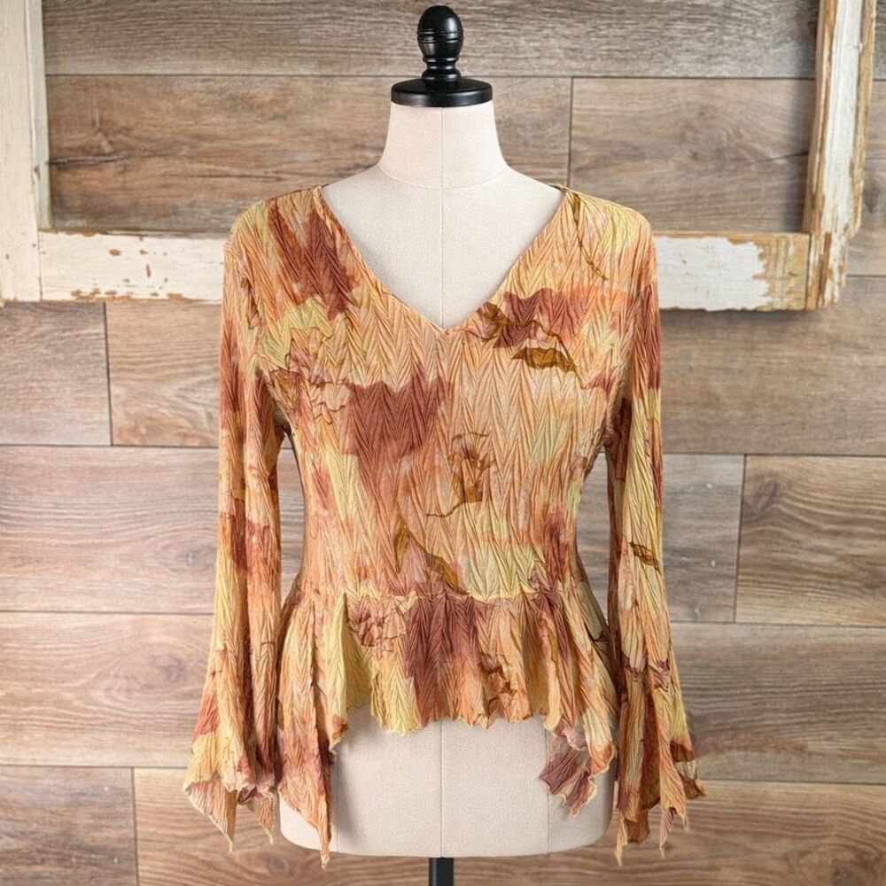 Dress U by Sharon Boho Fairycore Crinkle Floral Bell Sleeve V-Neck Top Size Med